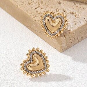 Gold Heart Crystal Border Stud Earrings - Women Jewelry
